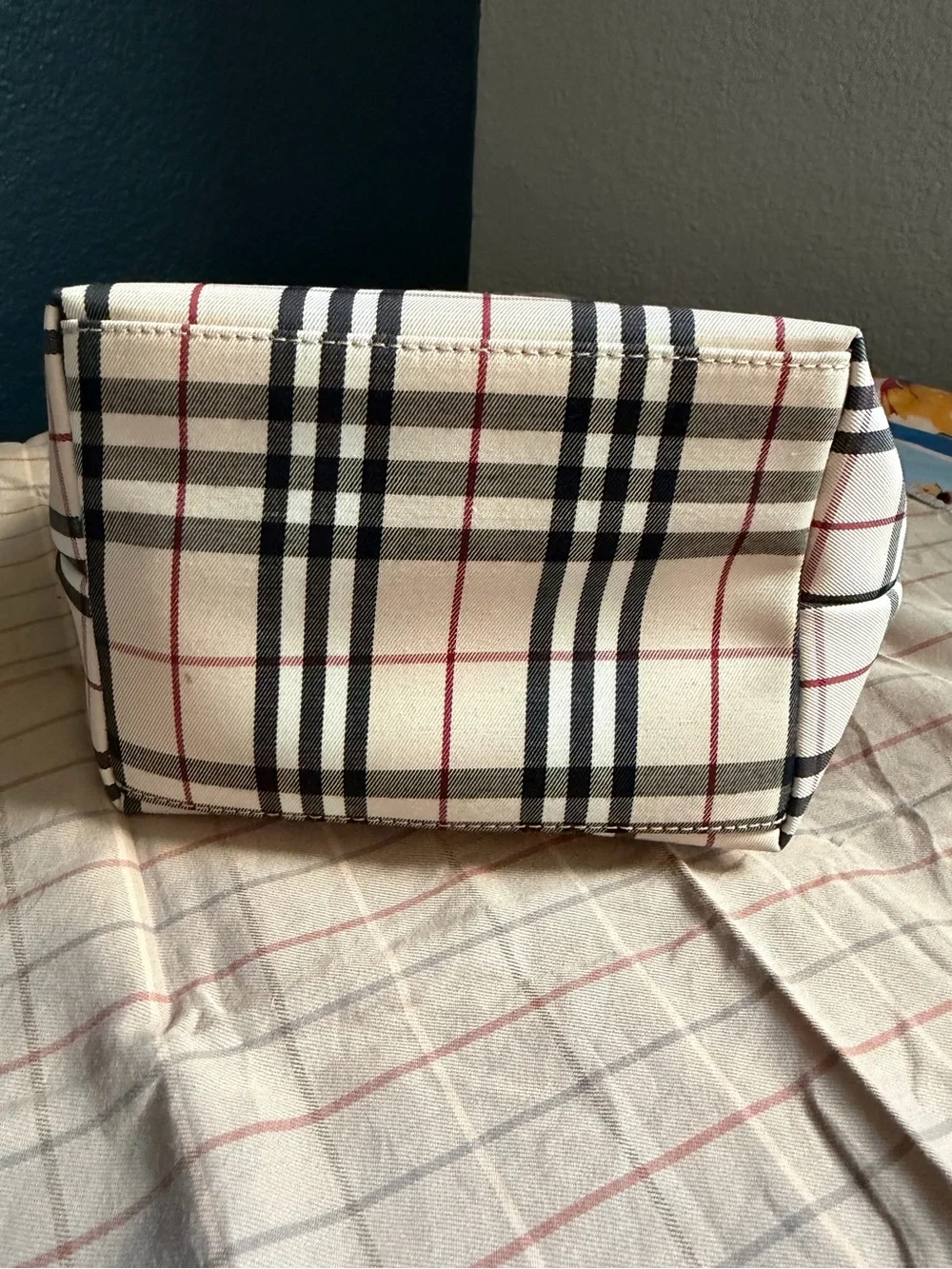 Burberry Beige Plaid Tote with Black Handles